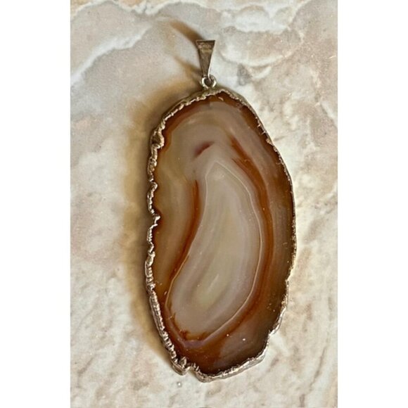 Polished Natural Agate Geode Slab Slice Beige Brown Quartz Crystal Stone Pendant - Picture 3 of 7